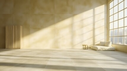 Spacious Minimalist Interior Design Bathed in Soft Sunlight with Empty Floor and Large Windows