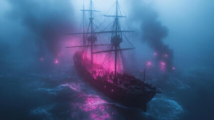 Fototapeta premium Dark Ship in Pink and Blue Foggy Sea
