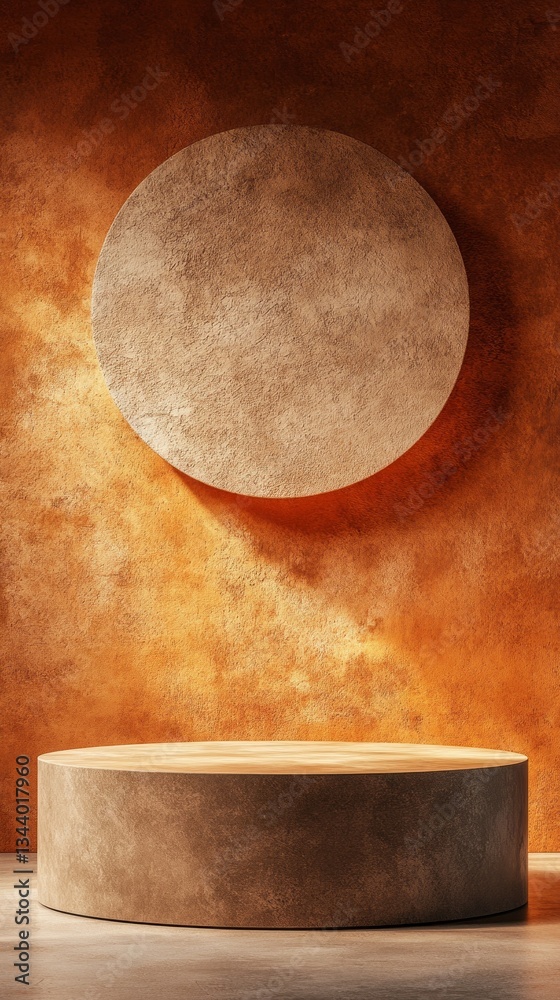 Aufkleber A circular platform is positioned beneath a matching circular wall feature, creating a striking focal point. The warm orange tones enhance the tranquil atmosphere, perfect for creativity