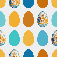 Colored watercolor Easter eggs with flowers on white background.  Easter seamless pattern, vector illustration.  Texture for fabric, wrapping, wallpaper, print
