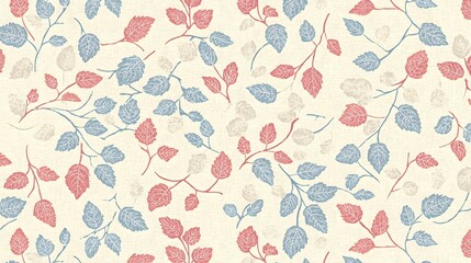Intricate Floral Pattern Featuring Blue and Red Leaves on a Soft Cream Background