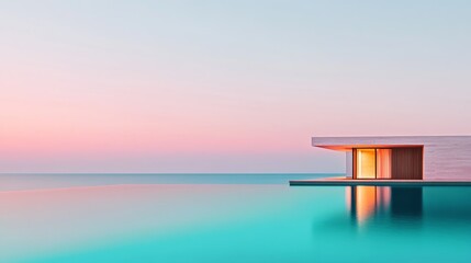 luxury oceanfront villa with infinity pool at sunset reflecting pastel sky colors over calm sea