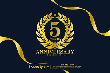 5th years anniversary celebration emblem. elegant golden anniversary logo isolated with laurel wreath and ribbon on black background. vector illustration template design	
