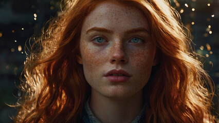 Fototapeta premium Portrait of a beautiful red-haired girl with curly hair and freckles on her face in the sunlight.