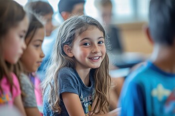 Fototapeta premium Happy Child Smiling in Classroom with Peers in Bright Environment