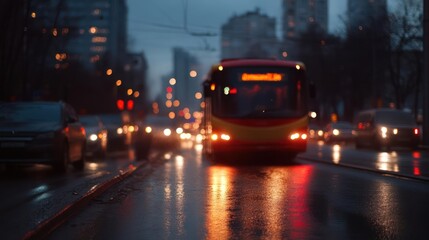 City Bus in Night Rain: Urban Traffic and Reflections