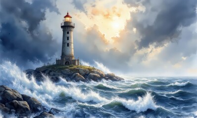 Majestic lighthouse amidst stormy seas