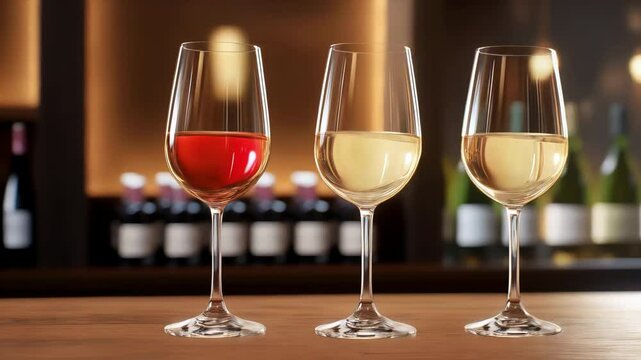 Wine tasting selection with red white and dessert wine varieties on a wooden bar top background