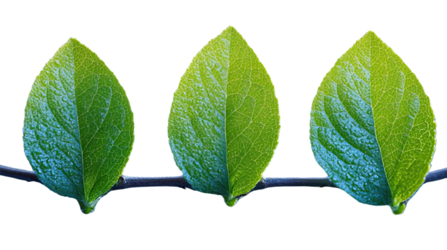 Trio of Leaf: Three fresh green leaves are arranged on a slender branch against the background. This image of nature's simplicity. 