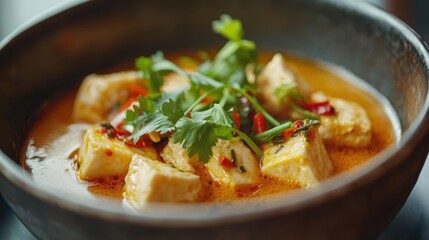A vibrant bowl of tofu curry garnished with fresh herbs and chili, showcasing a rich, flavorful dish