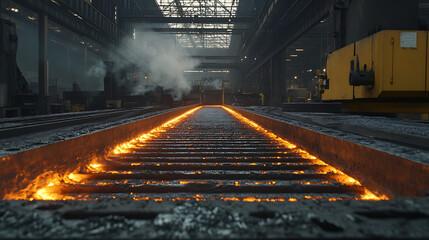 A vibrant industrial scene showcasing molten metal flowing through a factory, illuminated by ambient light and surrounded by machinery