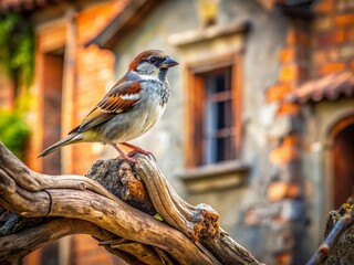 Gray Sparrow Perched on a Branch - Architectural Photography