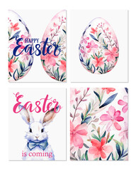 Set of colored watercolor Easter eggs with easter rabbit  and flowers on white background.  Easter  greeting cards, vector illustration , wallpaper, print