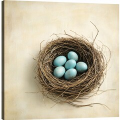 Fototapeta premium Nesting action blue eggs in natural nest studio setting still life composition calm environment
