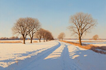 Obraz premium Winter road with trees in snow landscape, for travel blogs, or seasonal background