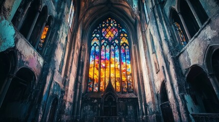 Fototapeta premium Old church interior with colorful stained glass.