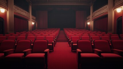 Elegant Red Theatre Seats in Empty Auditorium Ready for Intimate Performance or Movie Screening Night