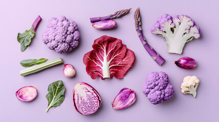 Elegant food photography of fresh purple vegetables such as radicchio, purple asparagus, and lavender cauliflower