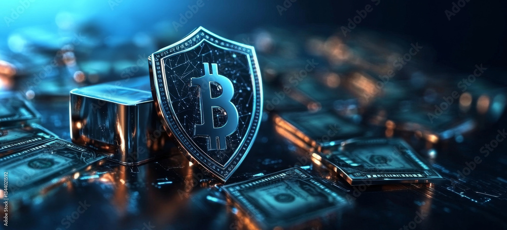 Poster a shield featuring bitcoin symbolizes security and privacy in banking, surrounded by stacks of cash.