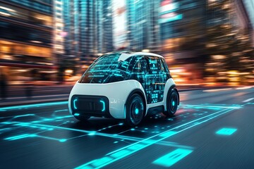 Obraz premium Futuristic Autonomous Vehicle Driving Through a Busy City Environment