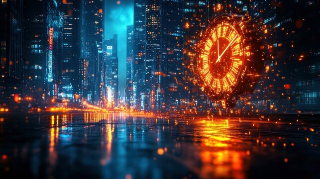 Futuristic cityscape at night with glowing clock