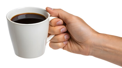 A hand holds a white coffee cup, its hot liquid emitting a fresh aroma