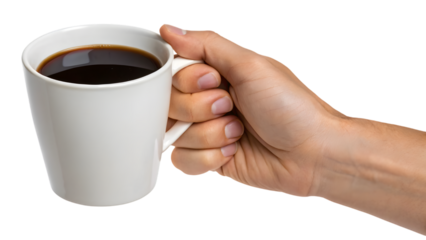 A hand holds a white coffee cup, its hot liquid emitting a fresh aroma