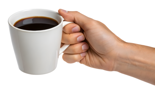 A hand holds a white coffee cup, its hot liquid emitting a fresh aroma