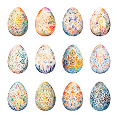 Set of colored watercolor Easter eggs with flowers. Vector illustration