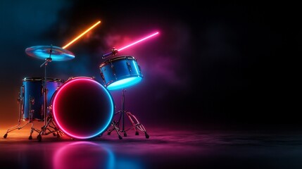 Futuristic drum set illuminated with vibrant neon lighting for music concept