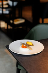 haute cuisine concept dessert in white plate on grey stone background