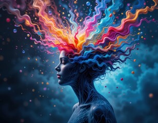 Vibrant creative expression abstract portrait digital artwork surreal environment side view emotive concept