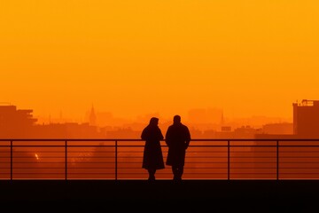 Fototapeta premium Silhouetted couple watching cityscape at sunrise or sunset. For travel websites