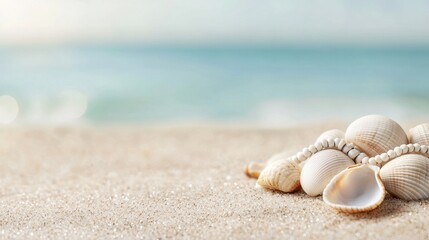 Beautiful Seashells on Sandy Beach with Gentle Ocean Waves in the Background