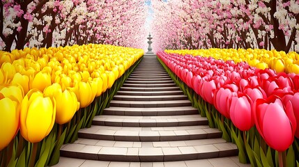 Obraz premium A beautiful pathway ascends between colorful flowers and trees
