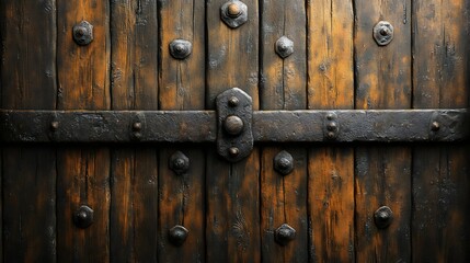 Fototapeta premium A wooden door with a metal latch and a metal bolt