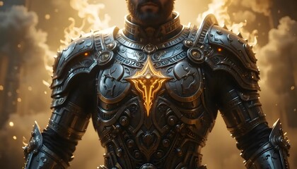 Man Wearing Ornate Armor with Glowing Emblem Amidst Smoky Background