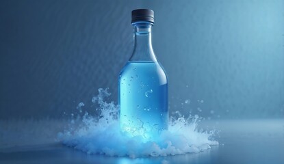 A simple, transparent bottle filled with a glowing sapphire liquid that emits a cool light; gentle tendrils of mist encircle the bottle's base; placed against a subtle, gradient backdrop with soft, am