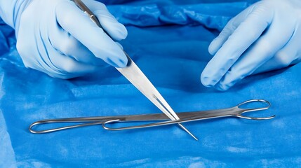 A person wearing gloves is handling surgical instruments carefully
