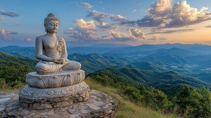 Fototapeta premium Serene buddha statue at mountain sunrise, a symbol of peace and spirituality