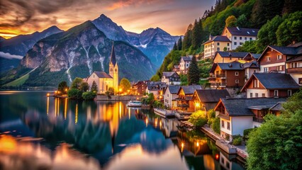 Fototapeta premium Hallstatt Austria Sunset Night Vintage Photography - Dreamy Alpine Village Scenery