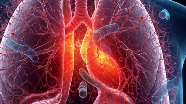 The lungs are depicted with complex networks of blood vessels and bronchioles. Blue, bacteria-like structures are present, possibly representing microorganisms or infection. The central trachea and b