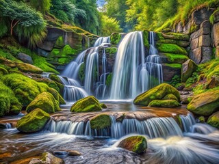 Obraz premium Hand-Drawn Sketch Style Long Exposure Waterfall Cascading Over Rocks