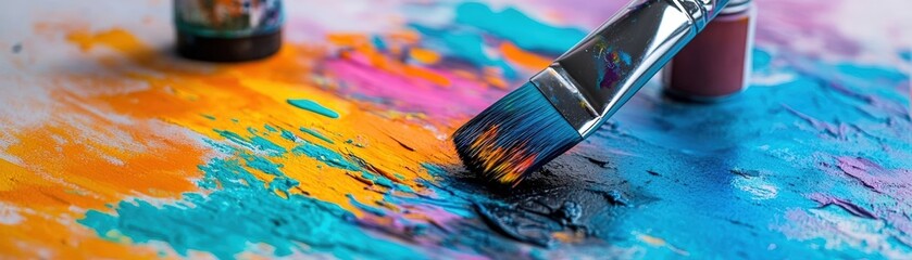 Fototapeta premium Colorful paint palette with brush, showcasing vibrant hues and artistic creativity in a messy, engaging environment.