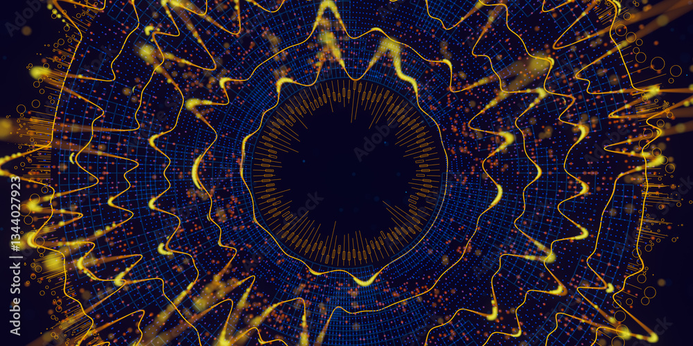 Poster big data complex round graph. quantum computing universe. cyber space of ai technology. futuristic g