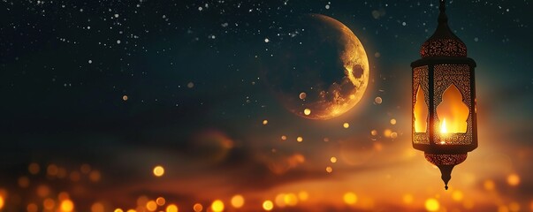 Ramadan Lantern Aglow with Crescent Moon in a Dreamlike Nightscape