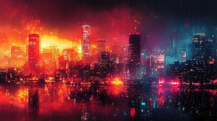 Vibrant city skyline at night with dramatic lighting and reflections