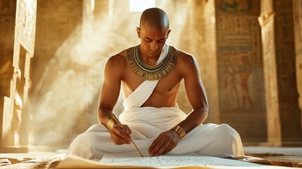 Sunlit Priest In Ancient Temple Writing On Papyrus