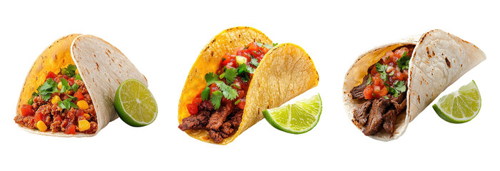 Colorful Tacos with Fresh Ingredients and Lime Slices on White Background