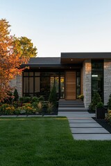 Modern home exterior with landscaping for real estate, mortgage and architecture